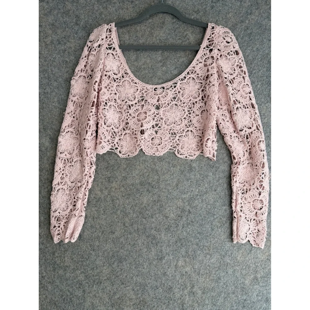 Zara Crochet Floral Lace Long Sleeve Crop Top Womens S Pink Fairy Boho Cottage